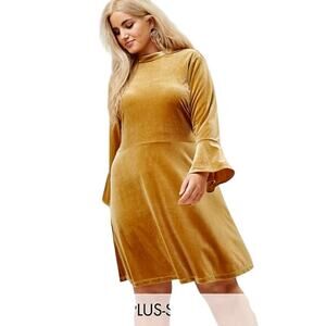 ELVI Gold Stretch Velvet Ruffle Bell Sleeve Skater Dress Medieval Goddess Glam